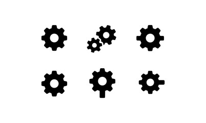 Set of six minimalist gear icons in black and white for design projects