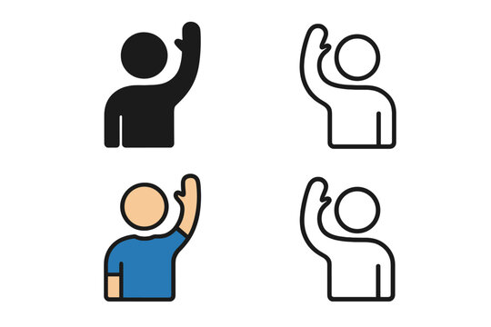 Character with arm raised vector icon set. Person asking a question, giving an answer, volunteering. Student symbol for participation, help, voting, support, or waving. Line, glyph.