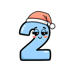 3d icon of cute blue number 2 with a santa hat and cartoon face, wearing eyelashes and blushing, isolated on transparent background