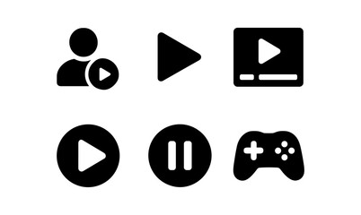 Minimalist media icons set featuring play, pause, user, and game controller symbols