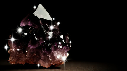 Amethyst crystal cluster sparkling with radiating light