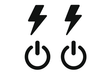 Power button and lightning bolt icon set. Vector silhouette graphic elements for electricity, energy, and technology concepts. Simple flat symbols for start, stop, on, off, and charge.
