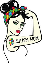 Autism Mom Rosie the Riveter Style with Puzzle Pieces and Strong Bicep Tattoo