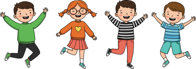 Happy cartoon children jumping with joy, diverse kids group illustration, playful childhood energy, smiling boys and girls, fun teamwork, friendship, education, celebration, happiness, lifestyle