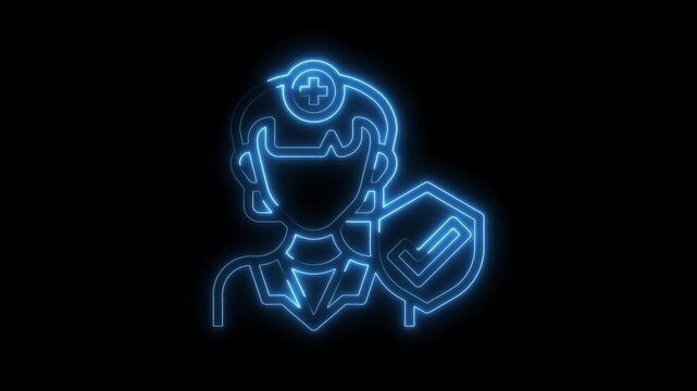 Neon style doctor icon animation with checkmark shield for healthcare protection