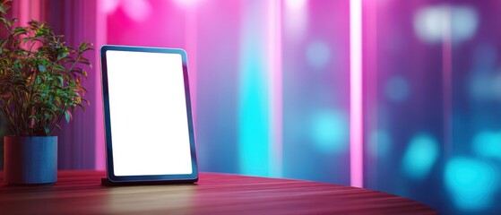 The Tablet on a Neonlit Desk Surrounded by Plant and Ambient Glow