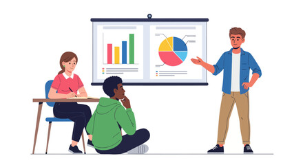 Business Presentation with Charts and Three Diverse People.