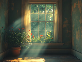 The sunlight and red flowers on the windowsill