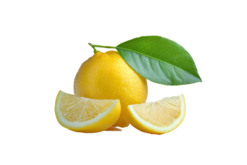 Lemon with vibrant green leaf and fresh slices on clean white background inviting culinary creativity and zestful flavor