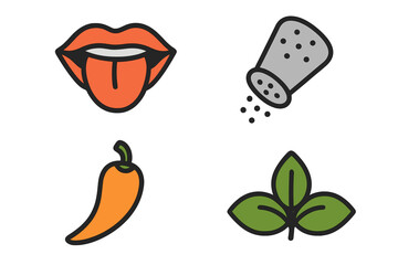 Vibrant vector taste icons with spicy chili pepper, fresh green leaves, salt shaker, and mouth with tongue illustrating organic seasoning, flavor, and cooking concepts
