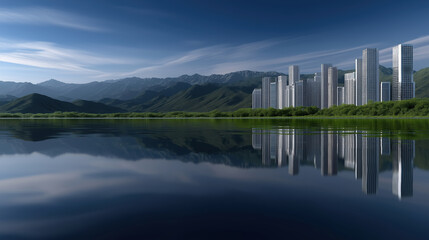 Skyline and mountains reflected in a calm lake
