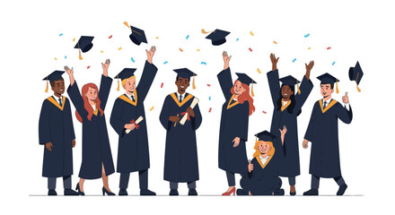 Diverse group of graduates celebrating with caps and diplomas.