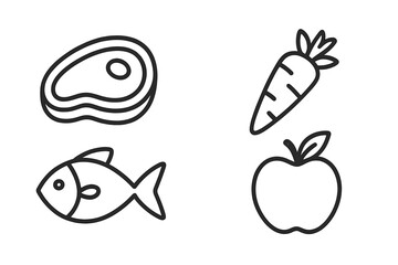 Naklejka premium Thin line vector icons illustrating healthy meat-based and plant-based diets with steak, fish, carrot, and apple outline linear stroke illustrations