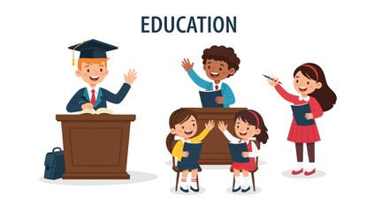 Diverse group of happy students and teacher in a classroom setting celebrating learning.