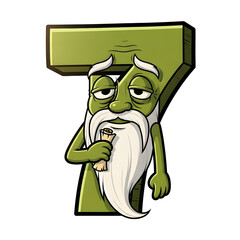 3d icon of a tired, old green number 7 character with a long white beard and mustache, looking weary while holding a rolledup scroll, isolated on transparent background