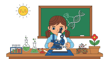 Young girl engrossed in scientific discovery using a microscope at a school desk.
