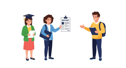 Three Students Presenting Report with Clipboard and Backpacks.