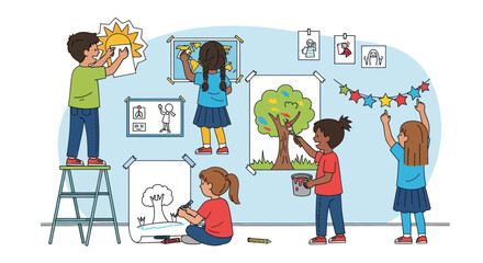 Children Decorating Wall with Drawings and Decorations in Classroom.