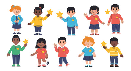 Diverse Group of Children Holding Gold Stars Expressing Joy and Achievement.