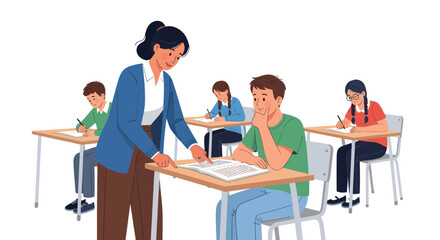 Female teacher assists male student during classroom test or study session.