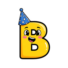 3d icon of cartoon letter b with a happy expression, wearing a party hat, isolated on transparent background