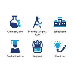 Chemistry, Drawing compass, School, Graduation, Bag, Idea, Blue Icon Set