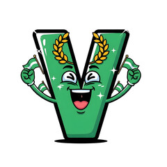 3d icon of cartoon letter v with a laurel wreath and flags, isolated on transparent background