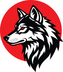 Stylized wolf head profile against a red circle