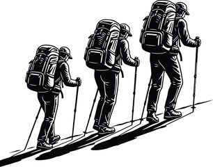 Three hikers with backpacks and poles ascend a slope illustration