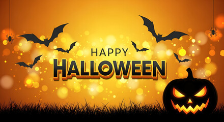 A Happy Halloween Scene With A Jack O Lantern Spooky Bats And Glowing Bokeh Lights On An Orange Background