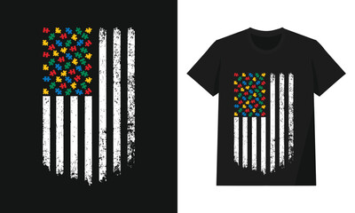 Distressed American Flag with Autism Awareness Puzzle Pieces Union

