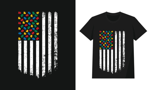 Distressed American Flag with Autism Awareness Puzzle Pieces Union

