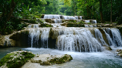 A picturesque waterfall with multiple tiers cascading over rocks covered in lush vegetation, creating a stunning natural water feature landscape