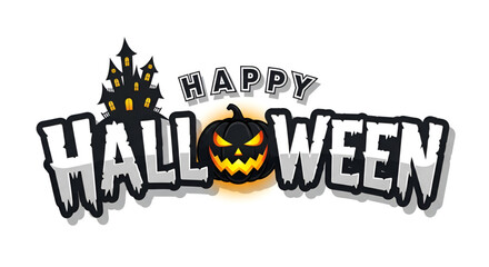 A Happy Halloween Design With Bold Typography A Jack O Lantern And A Haunted House On White