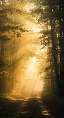 Vertical Forest Path with Morning Fog and Sun Rays