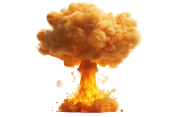 Dramatic depiction of a stylized atomic explosion with fiery cloud