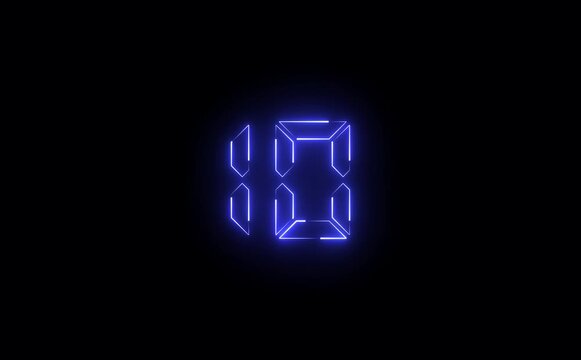 Glowing blue neon digital ten on a black background with a futuristic display effect showing time