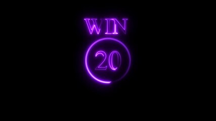 Neon purple W I N 20 text and circle glowing on black background abstract motion graphics - Powered by Adobe