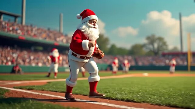 A santa claus is running to first base during a baseball game