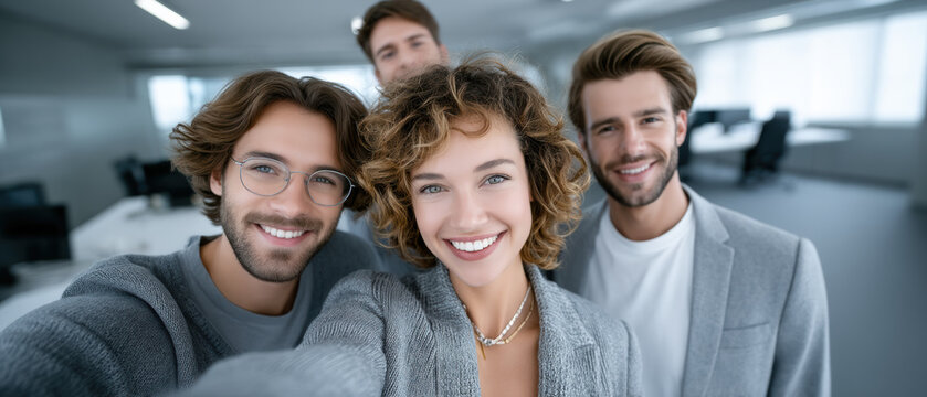 Young small business team taking friendly office selfie with modern workspace background and positive energy - Powered by Adobe