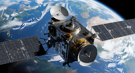 Satellite orbiting Earth with solar panels and dish antennas