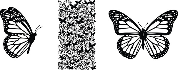 Monarch butterflies and a column of butterflies in black and white