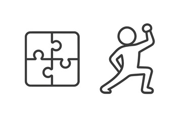 Puzzle and fitness icon set. Jigsaw for strategy and solution concepts. Person exercising for health, workout, and wellness ideas. Linear vector illustration for web and apps.