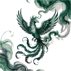 Obraz premium Phoenix bird T-shirt design, mythical creature flying with green feathers. Legendary animal reborn from ashes, surrounded by smoke. Power symbol.