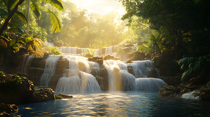 Sunlit waterfall cascading through a vibrant jungle, surrounded by lush greenery and exotic plants, creating a breathtaking and immersive natural scene