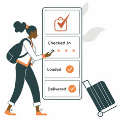 Traveler using baggage tracking app with suitcase