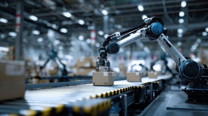 An industrial robot arm efficiently retrieves an item from a conveyor belt in a modern warehouse, showcasing the cutting-edge of automation and futuristic technology in action.