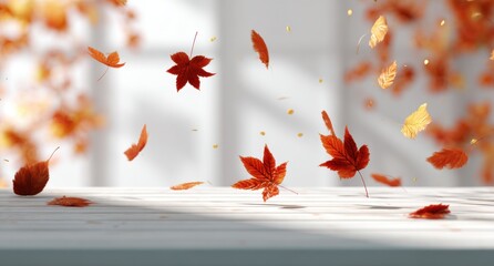 Vibrant autumn leaves in red and orange gracefully dance through the air against a soft, blurred backdrop. A whimsical scene captures the essence of fall on a sunny day.