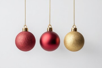 Elegant red and gold Christmas ornaments delicately hang against a clean white background, embodying a minimalistic and festive spirit perfect for holiday-themed designs.