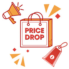 Price drop promotion with shopping bag, megaphone, and price tag